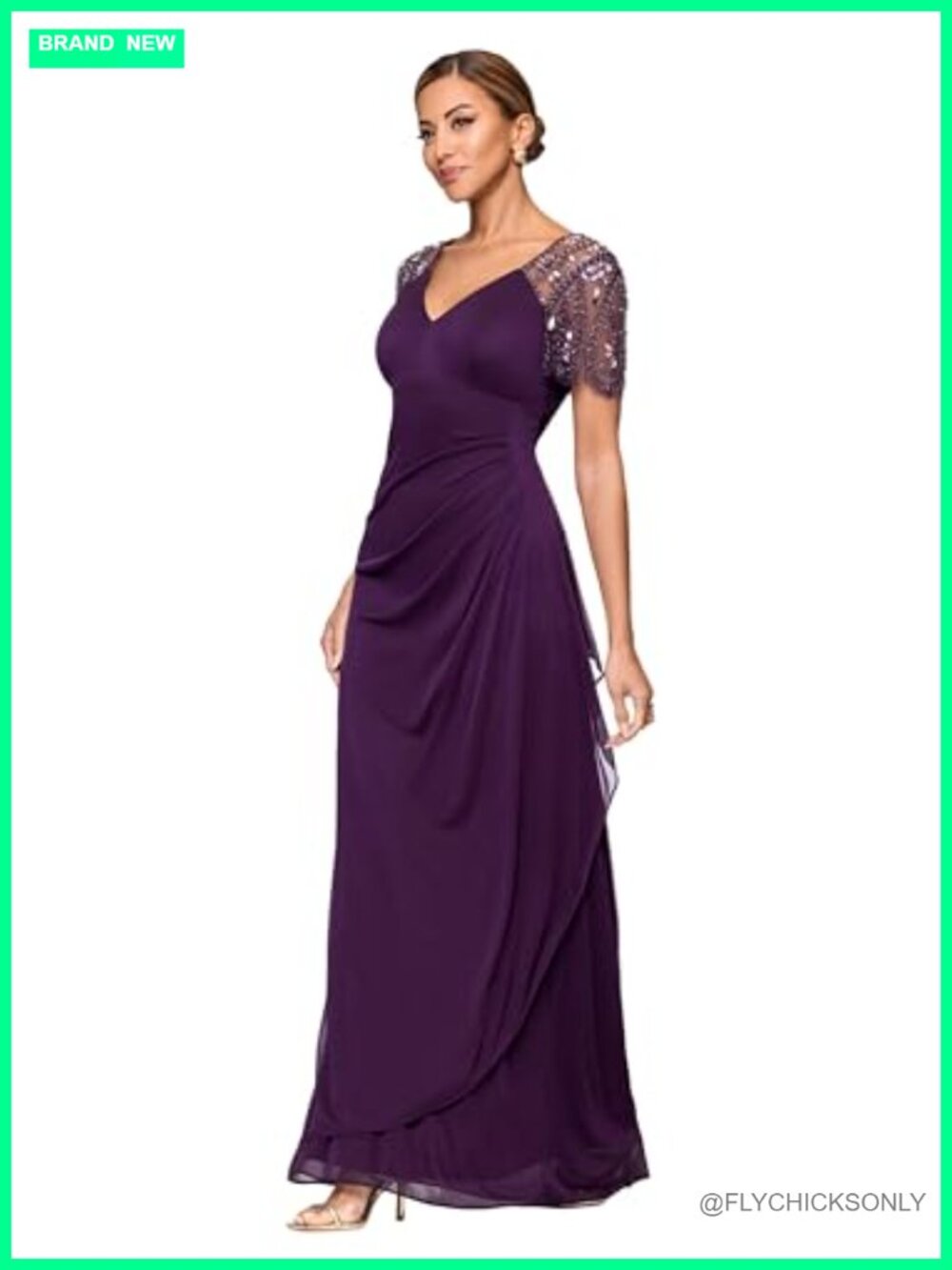 Long Jersey Knit V-Neck Evening Gown Beaded Flutter Sleeves Ruched Formal
